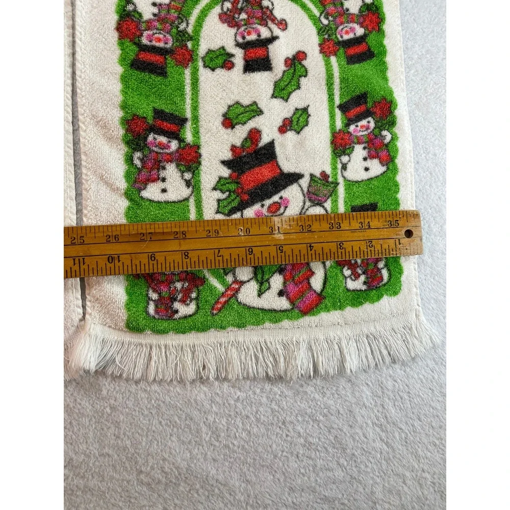 Vintage Royal Terry Snowman Christmas Hand Towels Set of 2 Green White Fringe